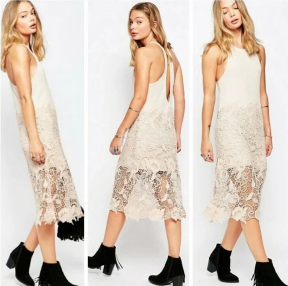 FREE PEOPLE Cream Cotton Blend Lace Overlay Nora Tank Midi Dress Size XS